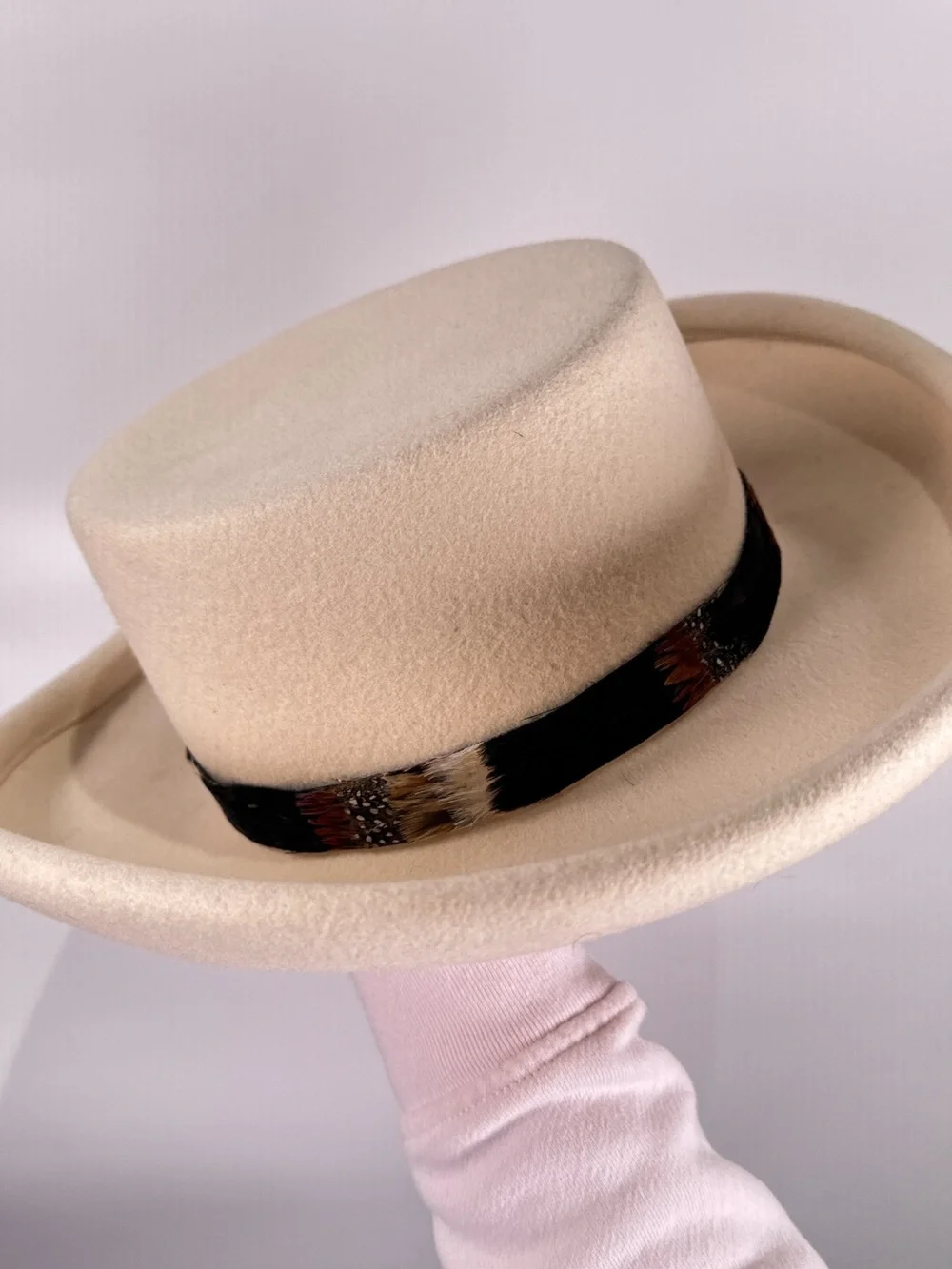 Importina Flat Crown Hat Rolled Brim Feather Band Wool Felt Cream OS